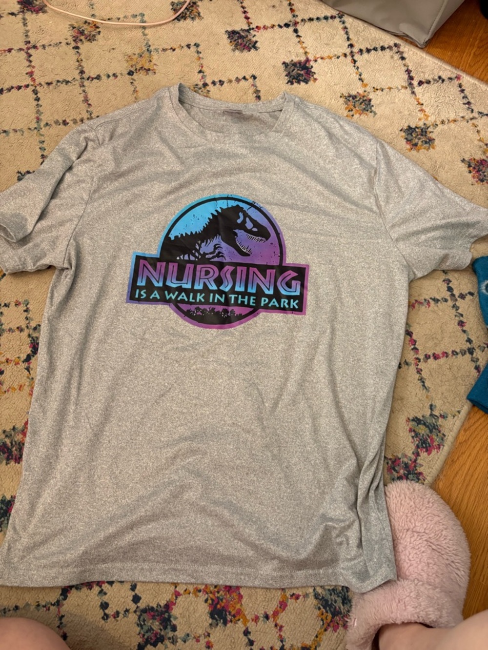 Gray Graphic Tee - "Nursing is a Walk in the Park" Dinosaur Logo